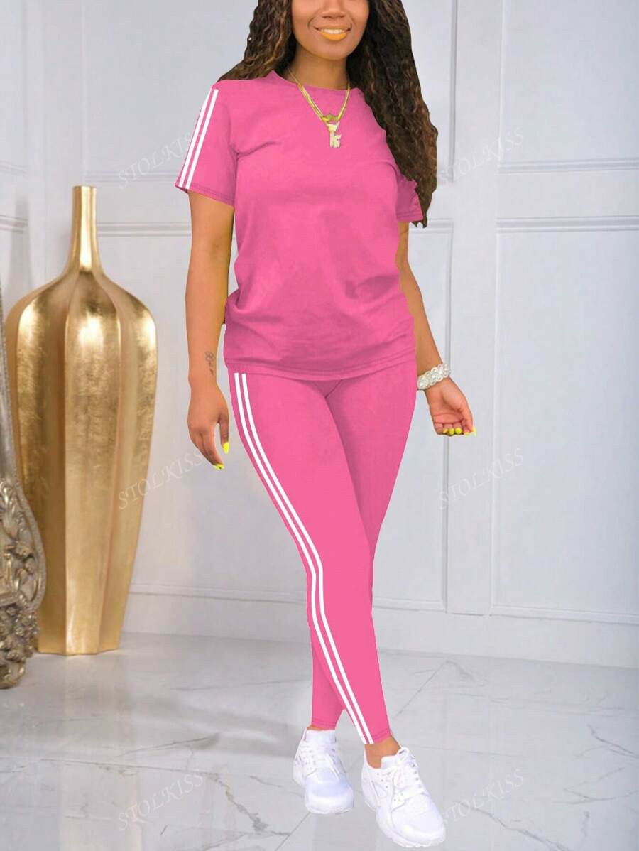 Women's Striped Round Neck Short Sleeve Sports Top And Pants Set