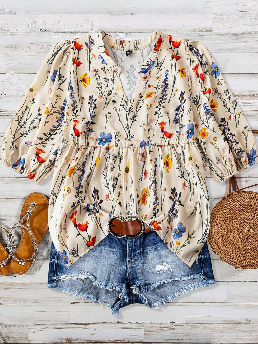 Women's Casual Printed Puff Sleeve Short Sleeve Tunic Top(BUY 2 FREE SHIPPING)