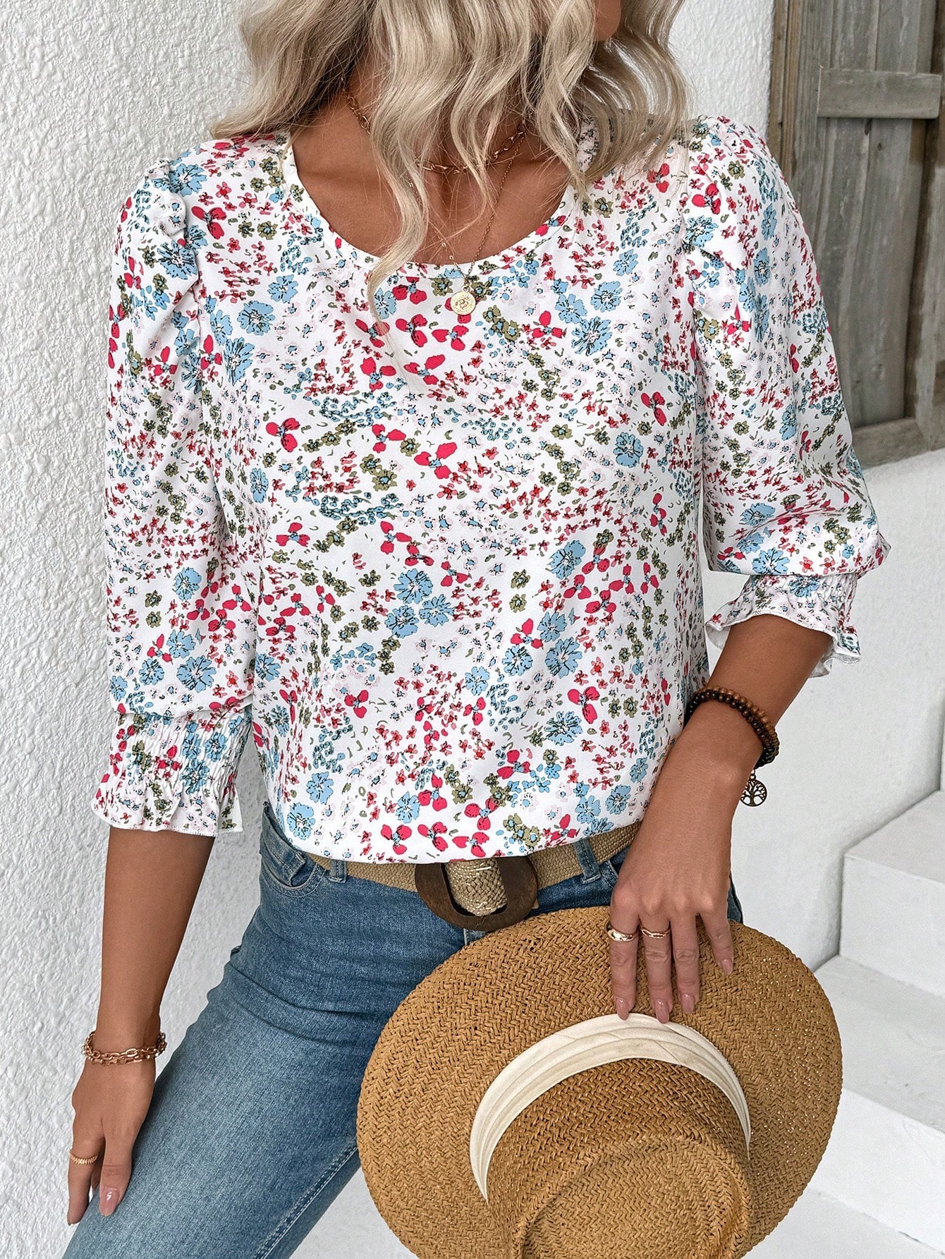 Women's casual round neck pleated cuffs short sleeve top(BUY 3 FREE SHIPPING)