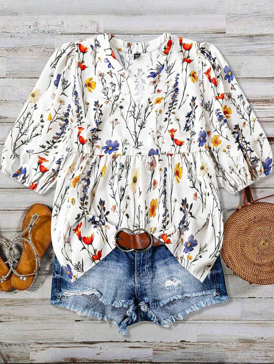 Women's Casual Printed Puff Sleeve Short Sleeve Tunic Top(BUY 2 FREE SHIPPING)