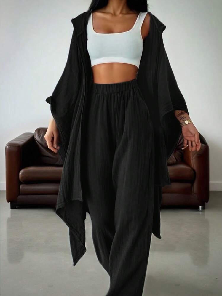 Women Solid Color Batwing Sleeve Hoodie Sweatshirt And Pants Set