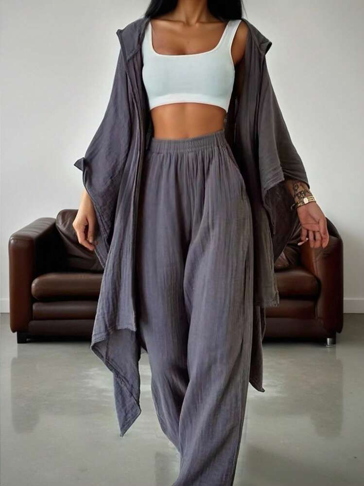 Women Solid Color Batwing Sleeve Hoodie Sweatshirt And Pants Set