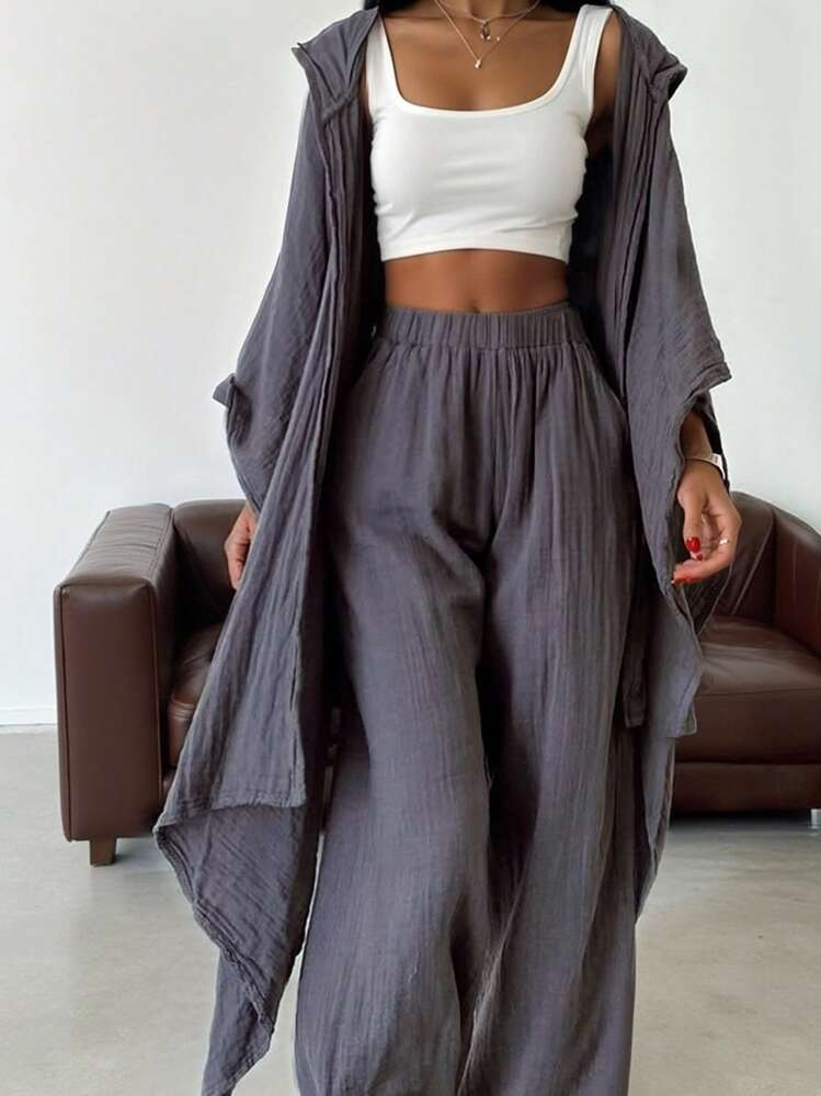 Women Solid Color Batwing Sleeve Hoodie Sweatshirt And Pants Set