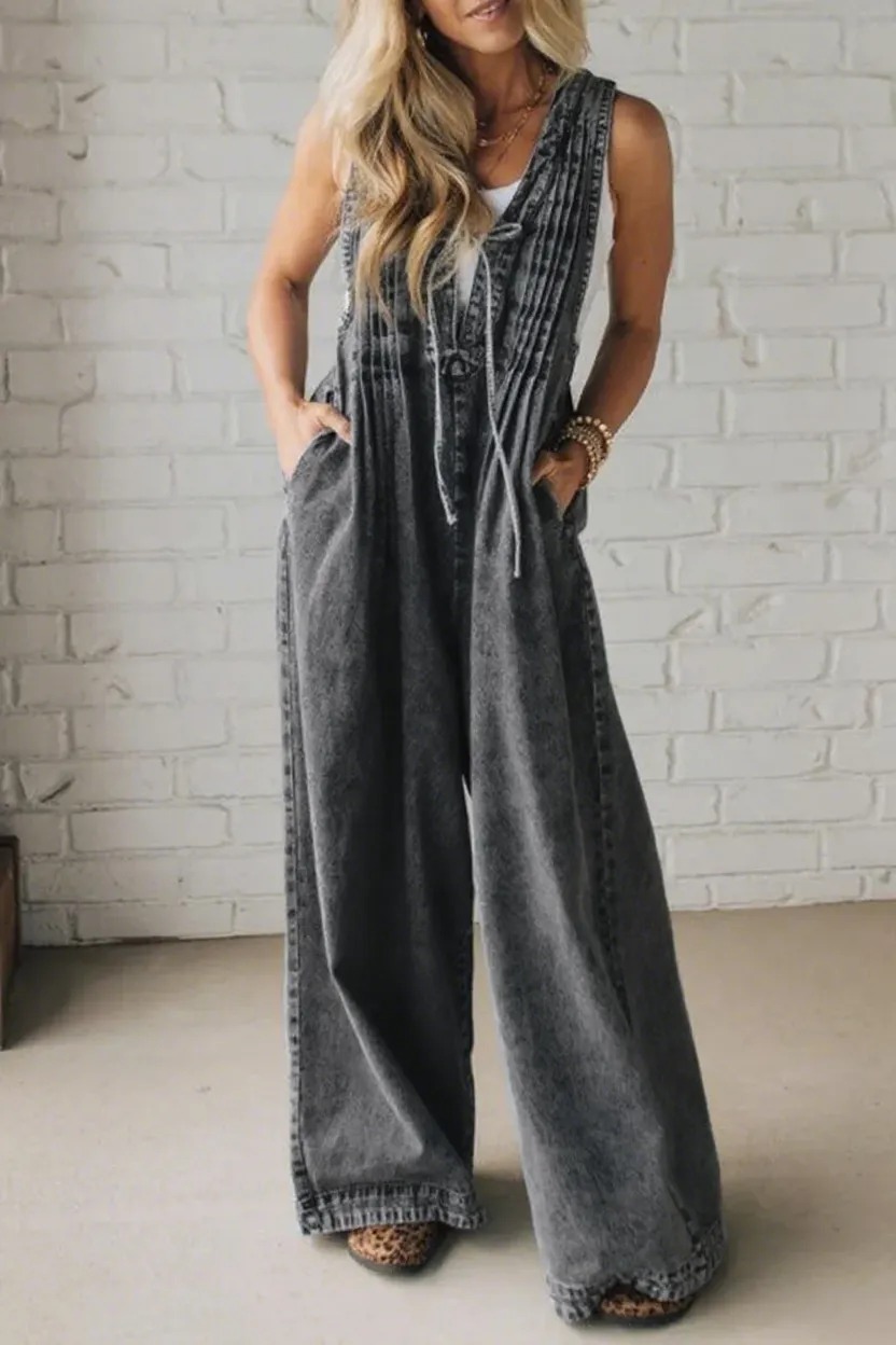 HOT SALE Women's Acid Wash Pintuck Jumpsuit