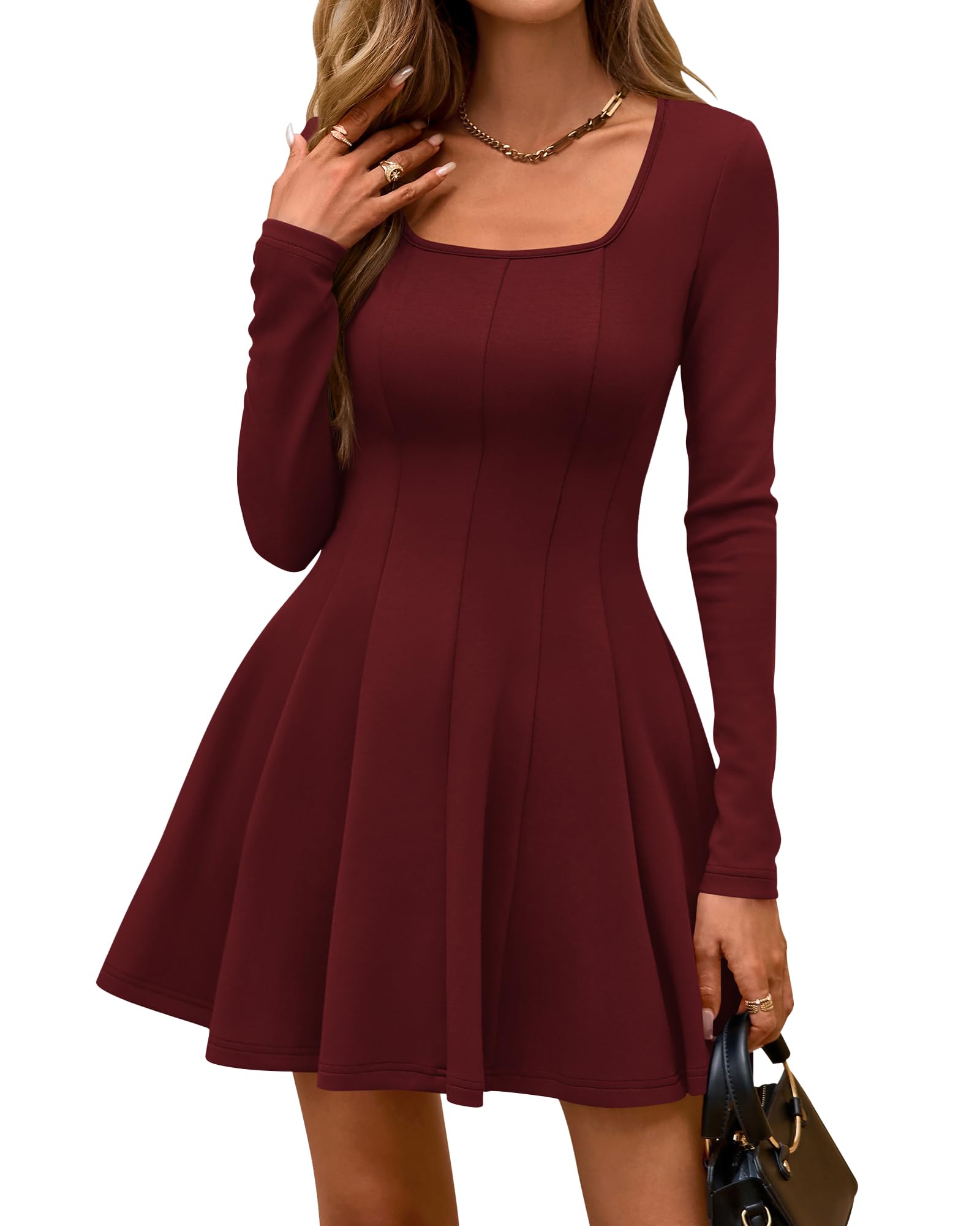Women's Square Neck Long Sleeve Pleated Mini Dress