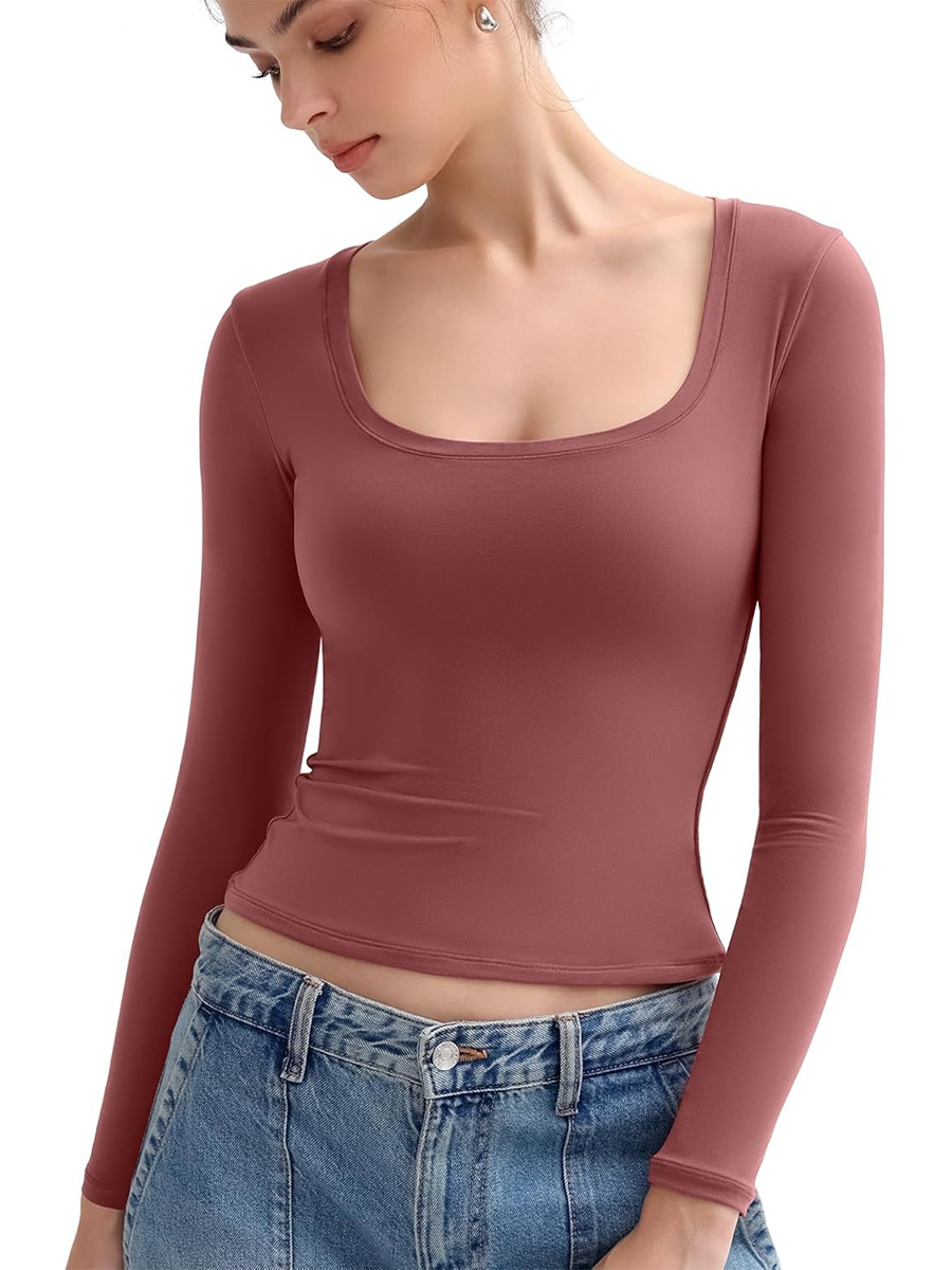 Women's Scoop Neck Slim Fit Long Sleeve Tops Double Lined Basic Tee