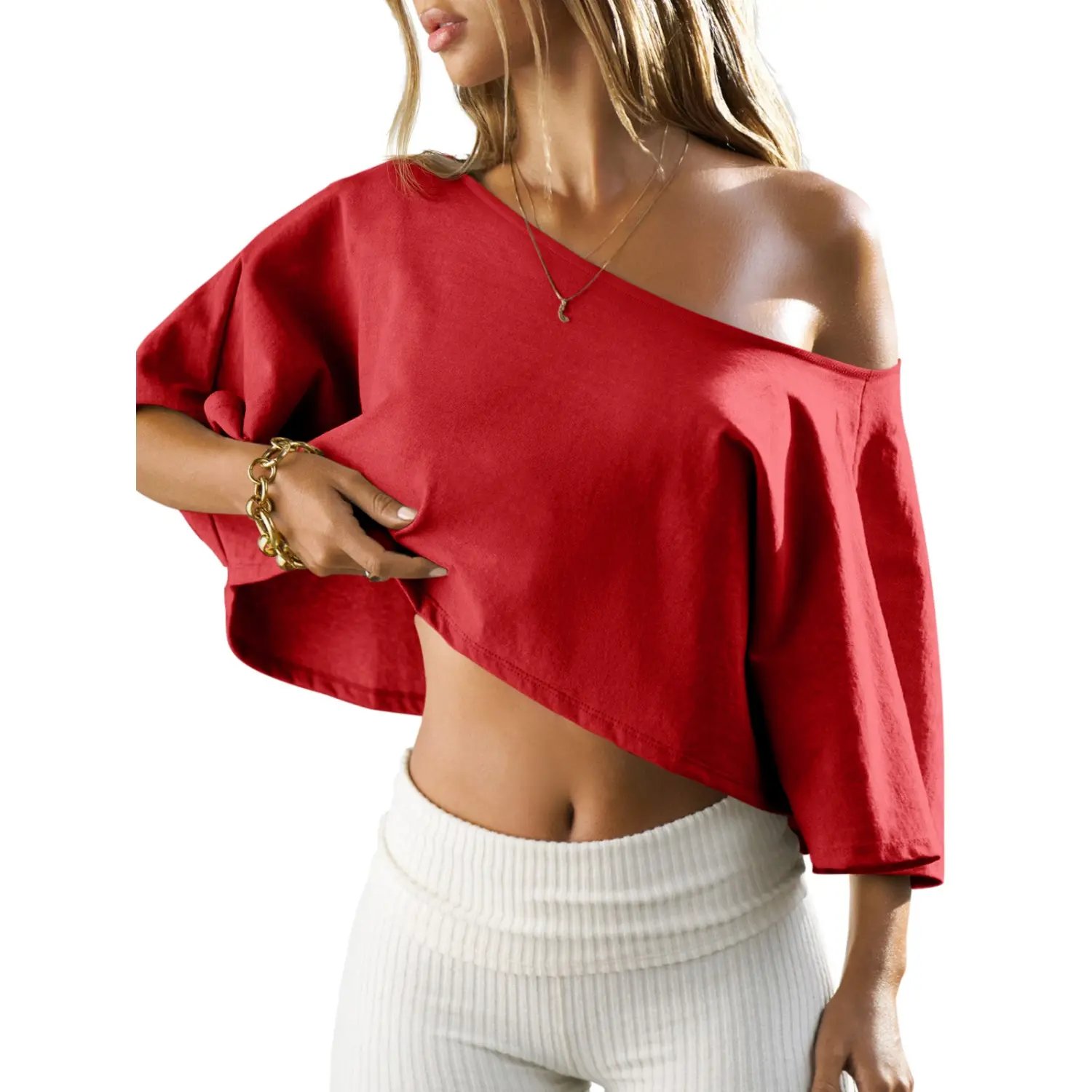 Women Summer Off Shoulder Crop Top | Loose Batwing Sleeve Cotton Tee, Asymmetrical Neck for Daily Lounge