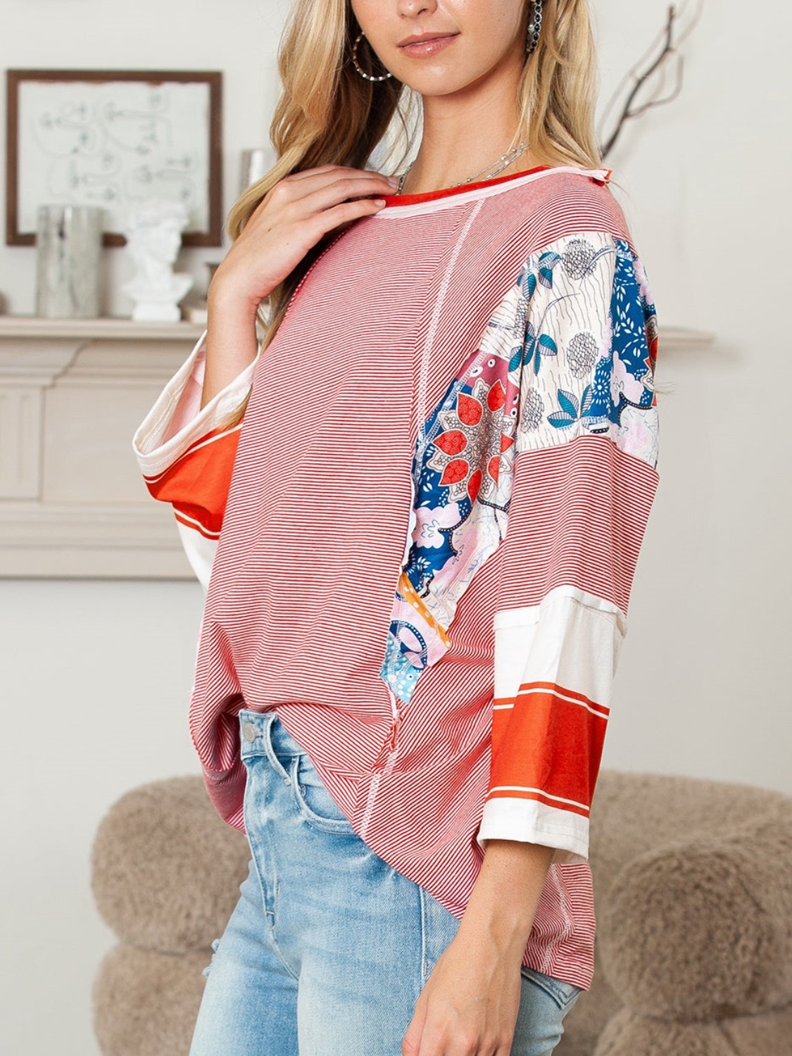 Women's Casual Striped Floral Print Patchwork Oversized 3/4 Sleeve Top