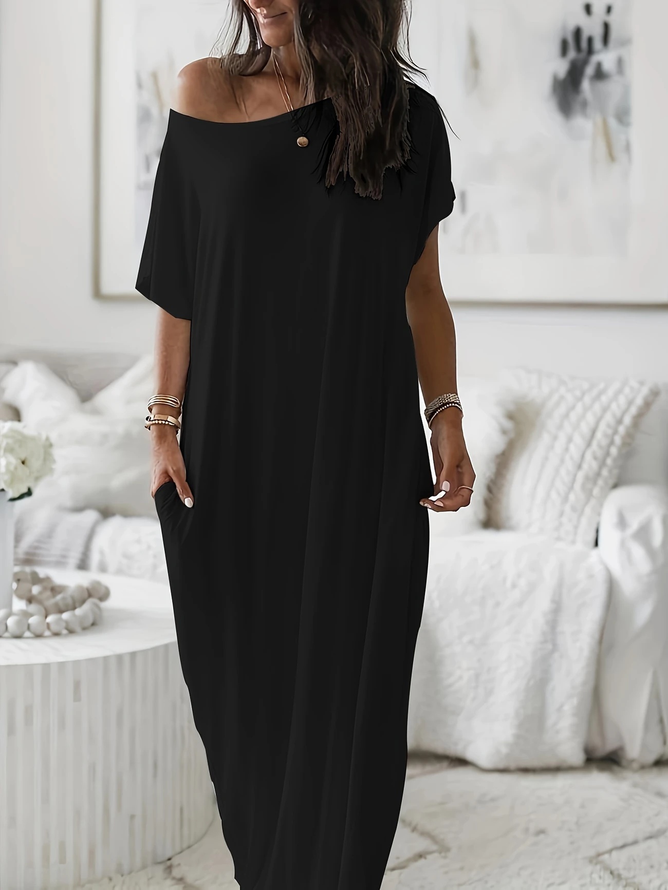Women's Oversized Solid Slant Shoulder Pocket Dress