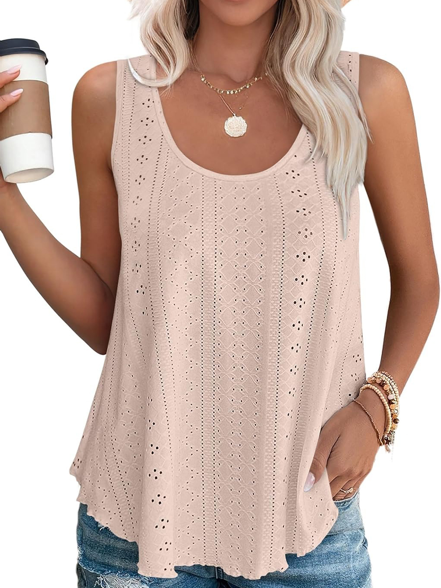 Women's Casual Loose Scoop Neck Wide Strap Eyelet Tank Tops