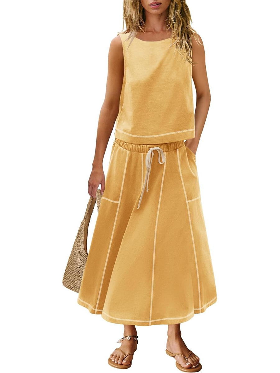 Women's Casual Seam Tank Top and Drawsting Pockets Skirt 2 Piece Set