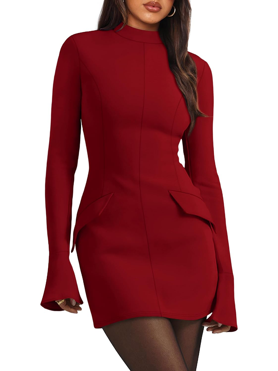 Women's Long Sleeve Mock Neck Dress Party Club Bodycon Mini Dresses