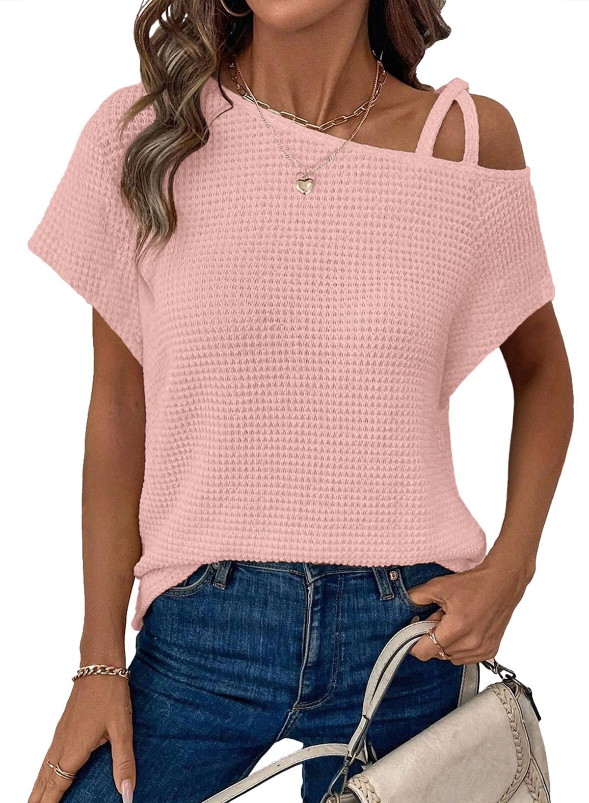 Womens Summer Tops Off One Shoulder Waffle Knit Short Sleeve T-Shirts