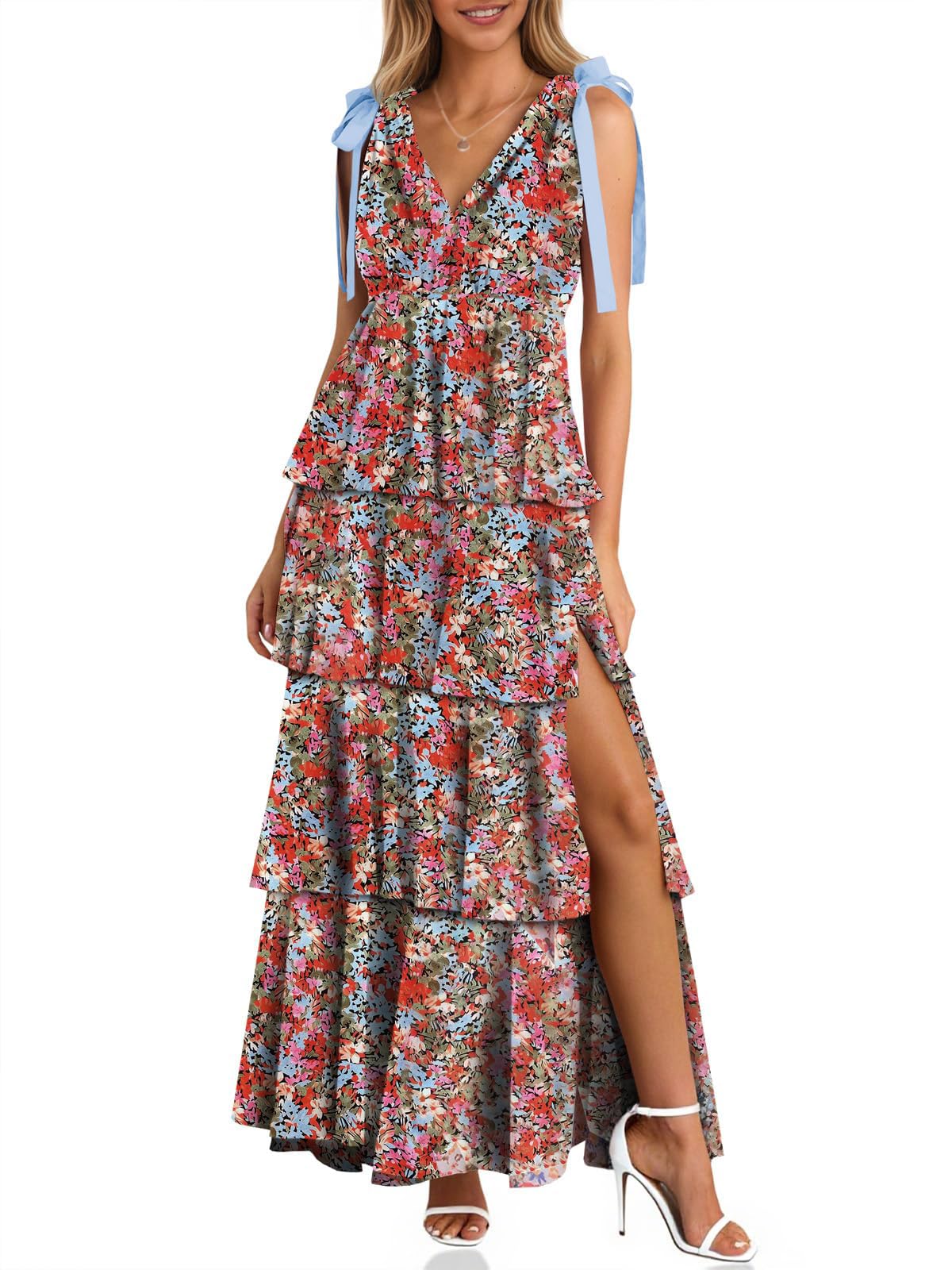 Women's Boho Floral Tie Strap V Neck Ruffle Tiered Maxi Dress