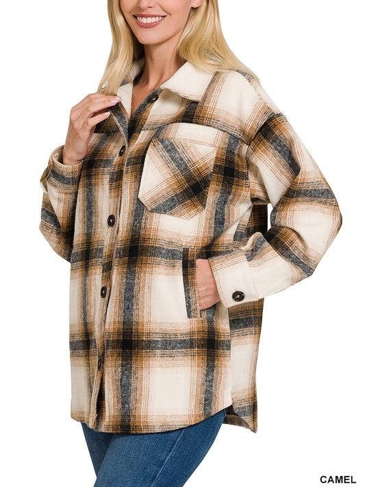  Oversized Yarn-Dyed Plaid Longline Shacket with Pockets