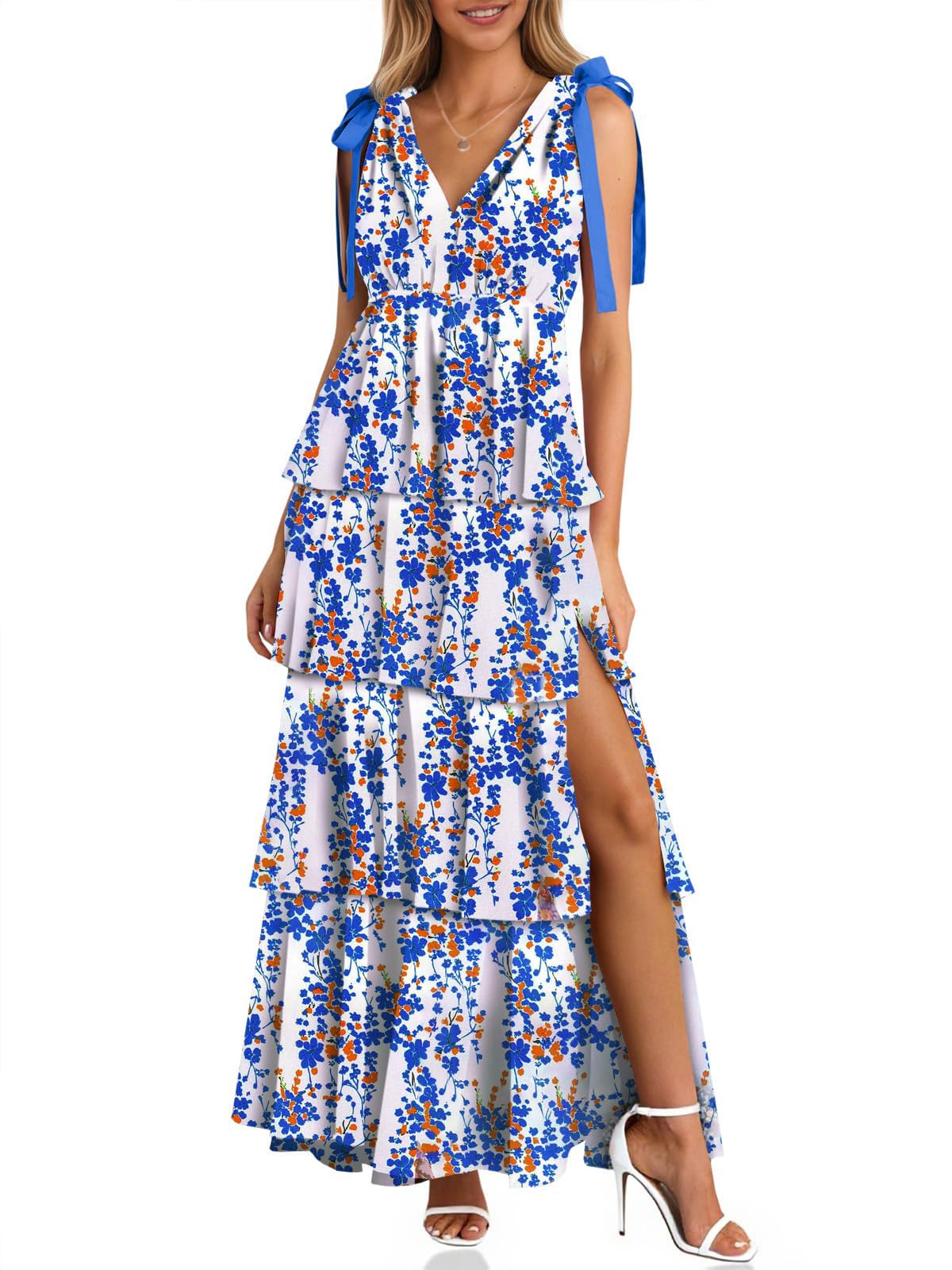 Women's Boho Floral Tie Strap V Neck Ruffle Tiered Maxi Dress