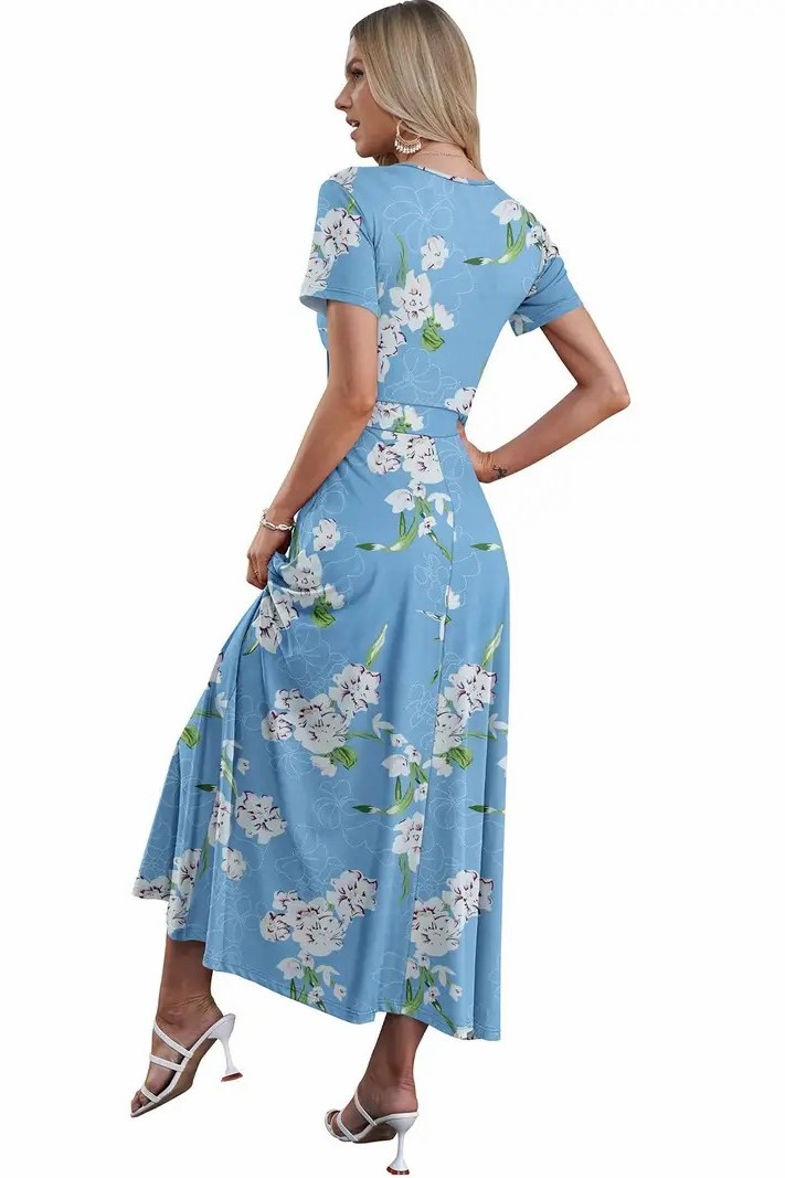 Women's V Neck Floral Print Beach Long Flowy Dress with Pockets