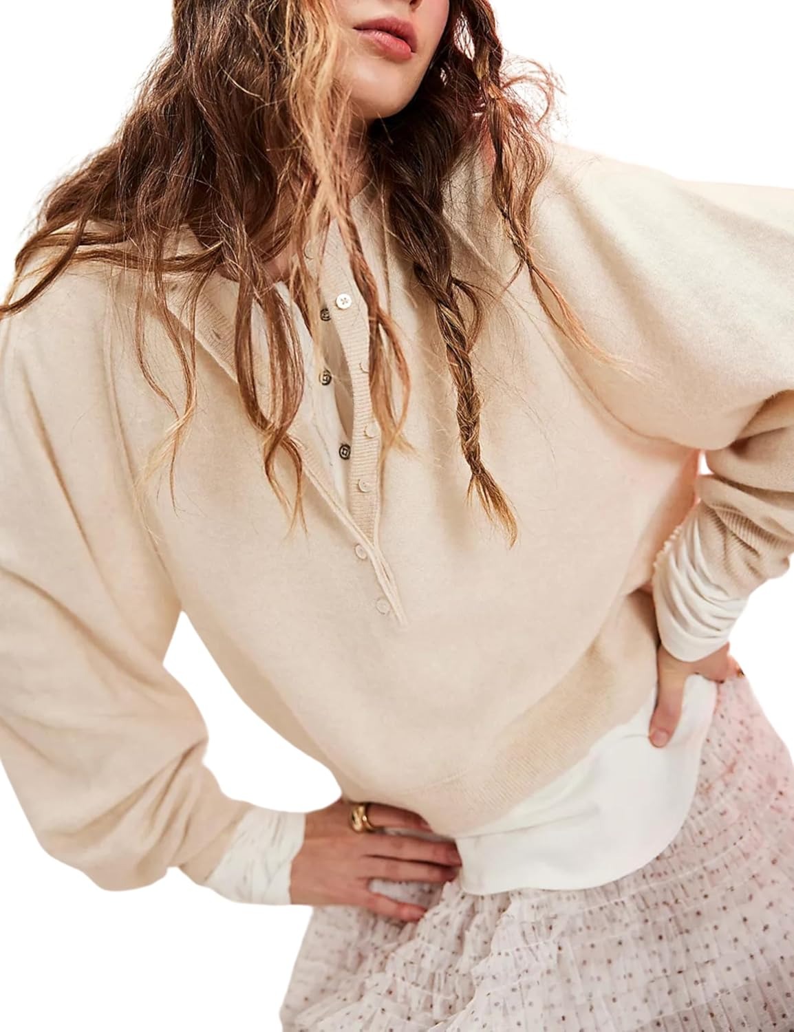 Women's Casual Henley Neck Long Sleeve Knit Button Sweater