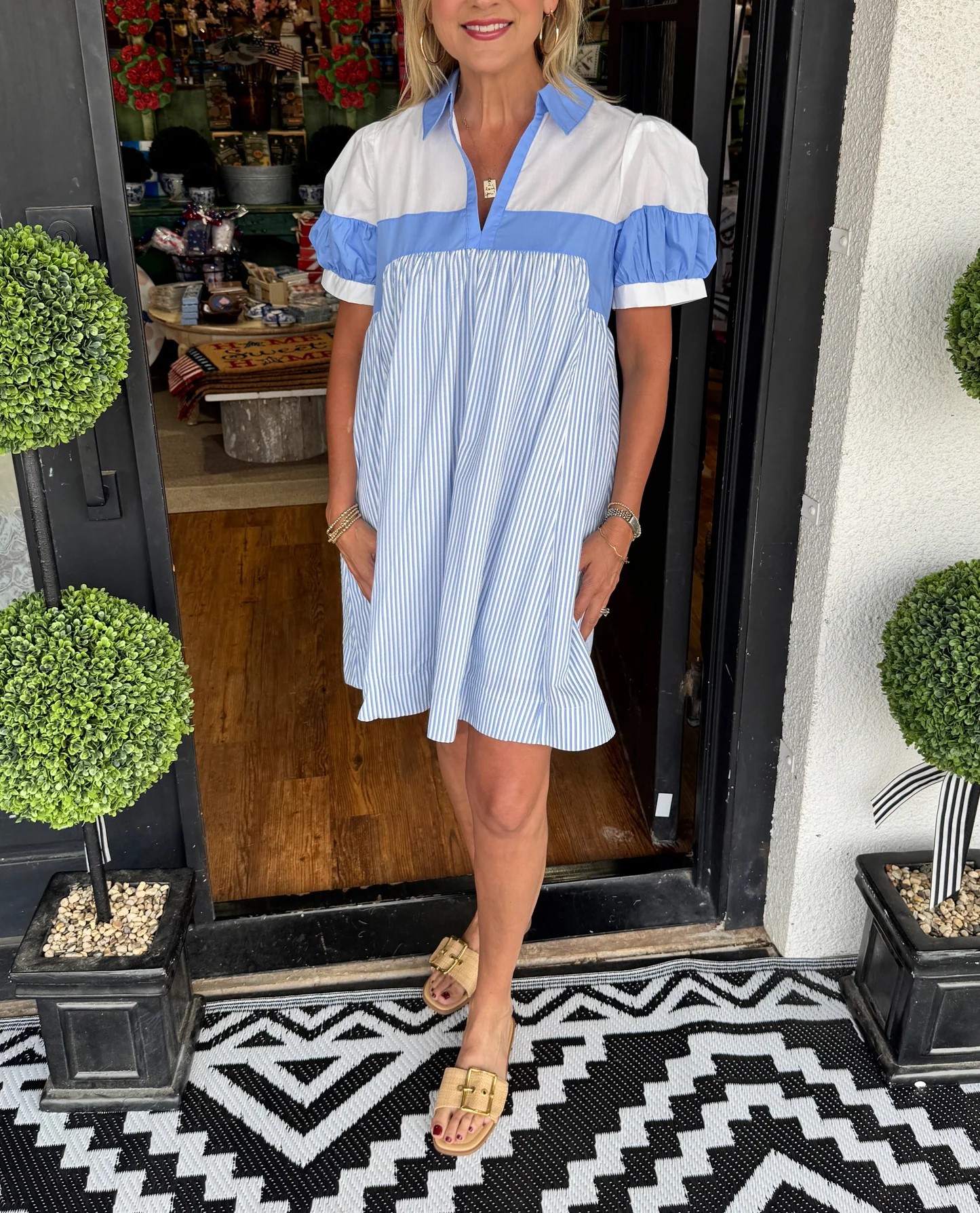 Women's V Neck Puff Sleeve Striped Shirt Dress