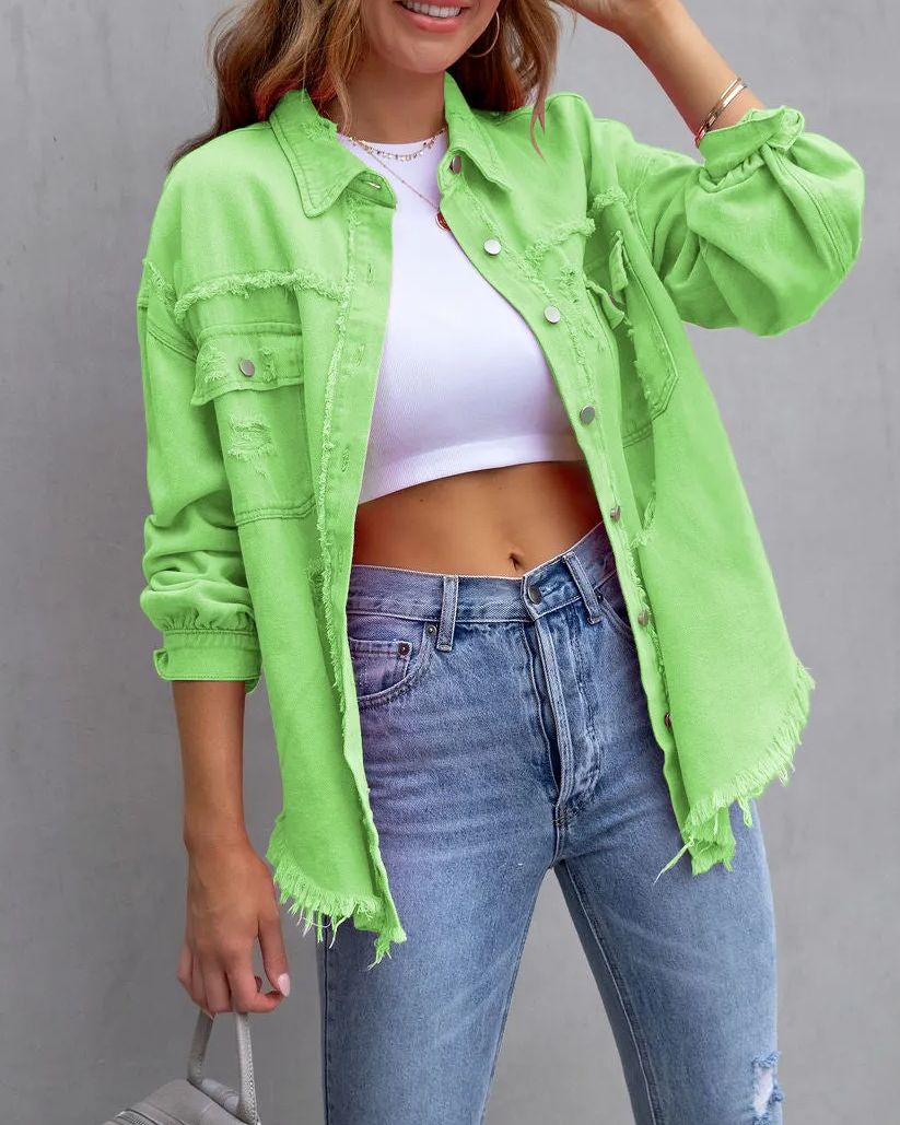 50% OFF🔥Women's Basic Casual Ripped Denim Jacket Long Sleeve (Buy 2 Free Shipping)