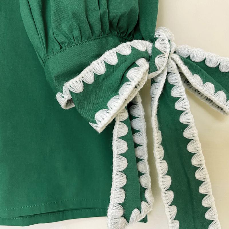 Women's Puff Sleeve Blouse V-Neck Lace Trim