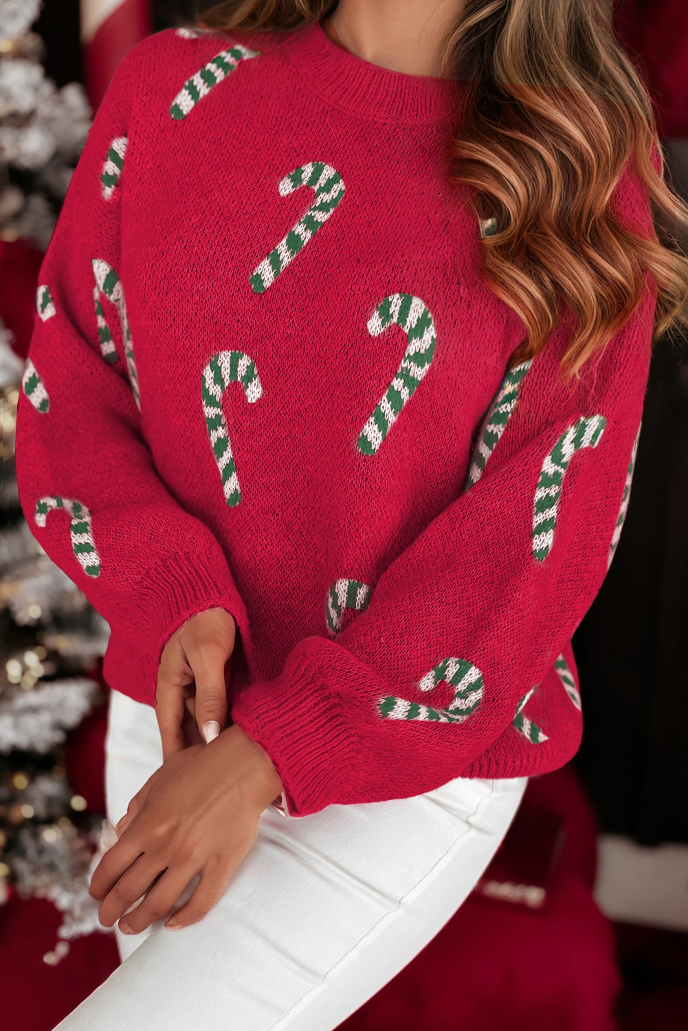 Womens Christmas Candy Cane Holiday Drop Shoulder Sweater