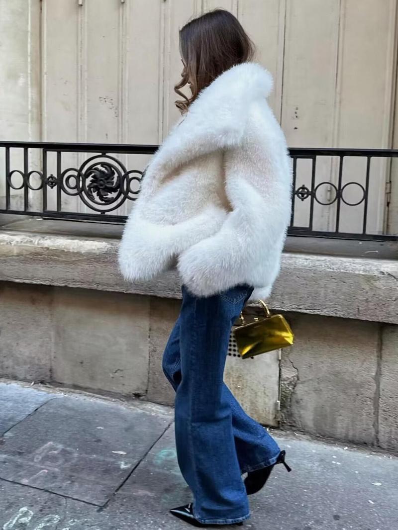 Women  Faux Fur Long Sleeves Loose Open Front  Coat