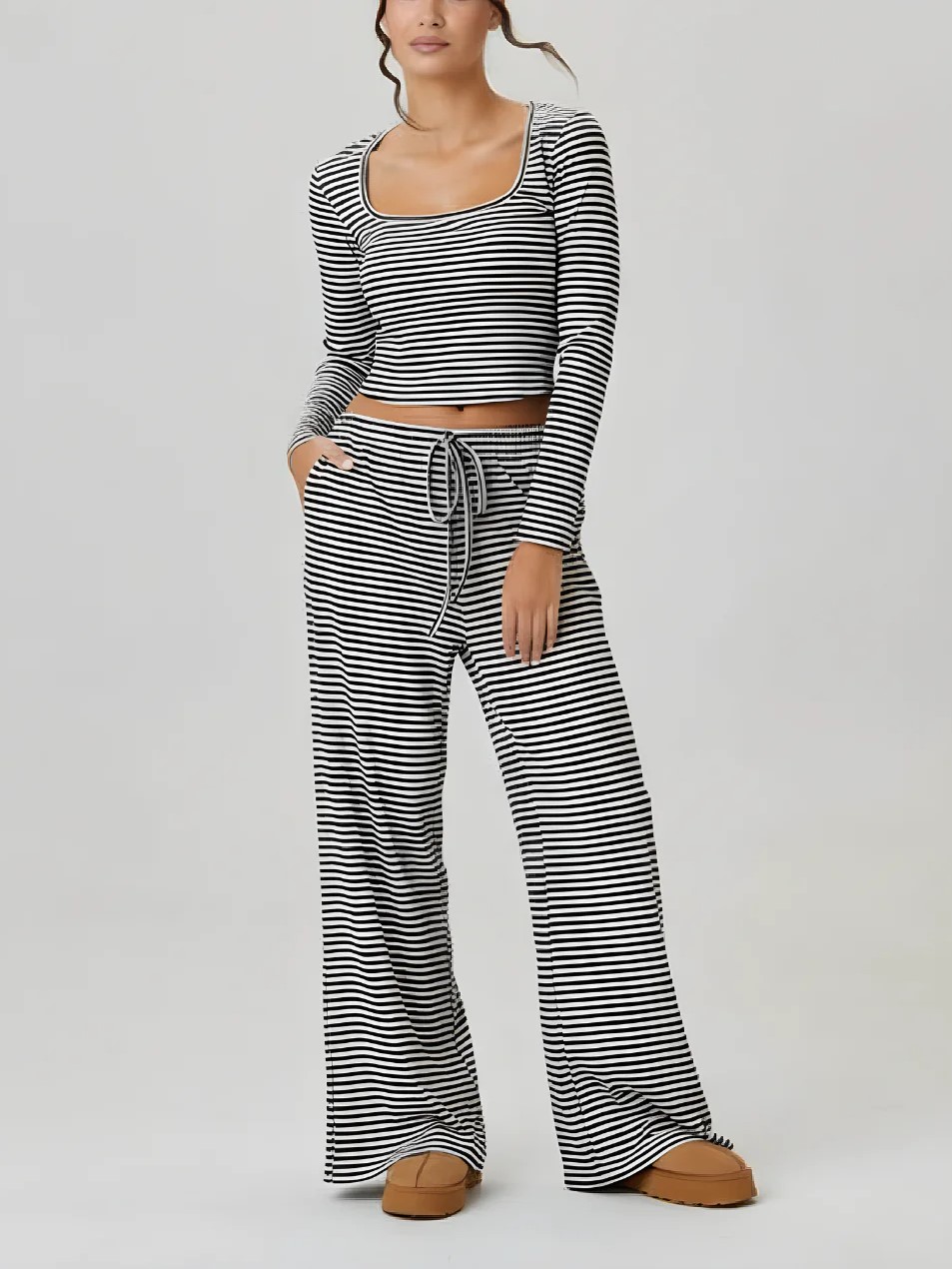 Women's Striped Square Neck Long Sleeve Top & Drawstring Pants Set