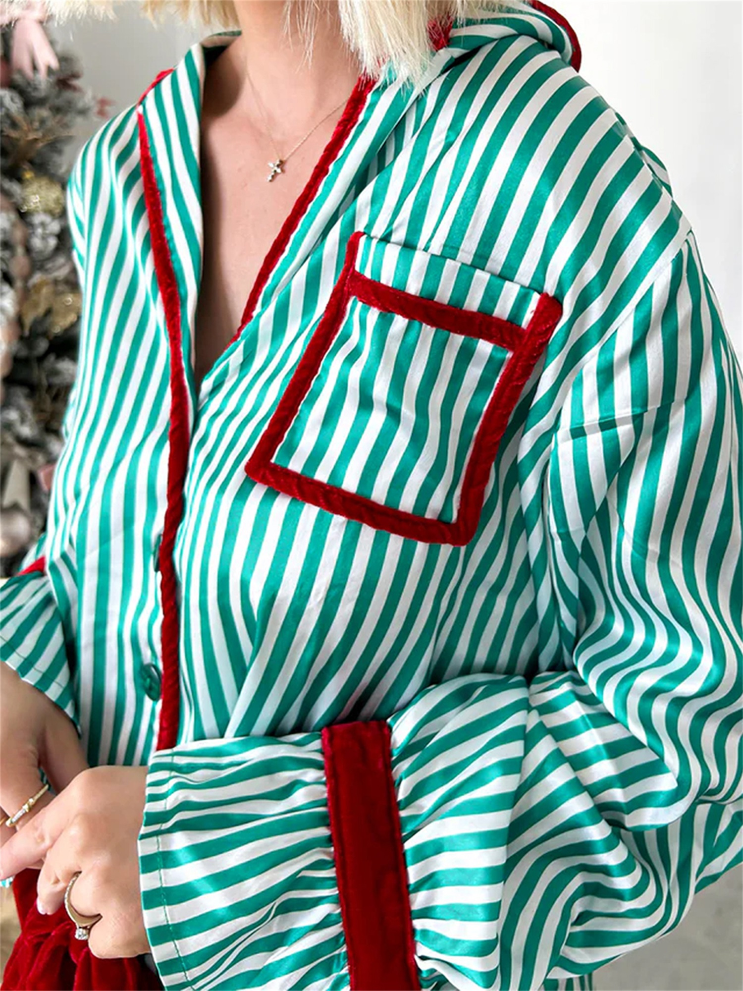 Women's Striped Button-up Crop Tops Bow Long Pants Pajama Set