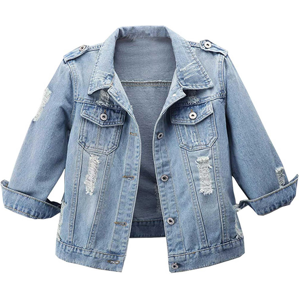 Women's 3/4 Sleeve Washed Ripped Cropped Denim Jackets