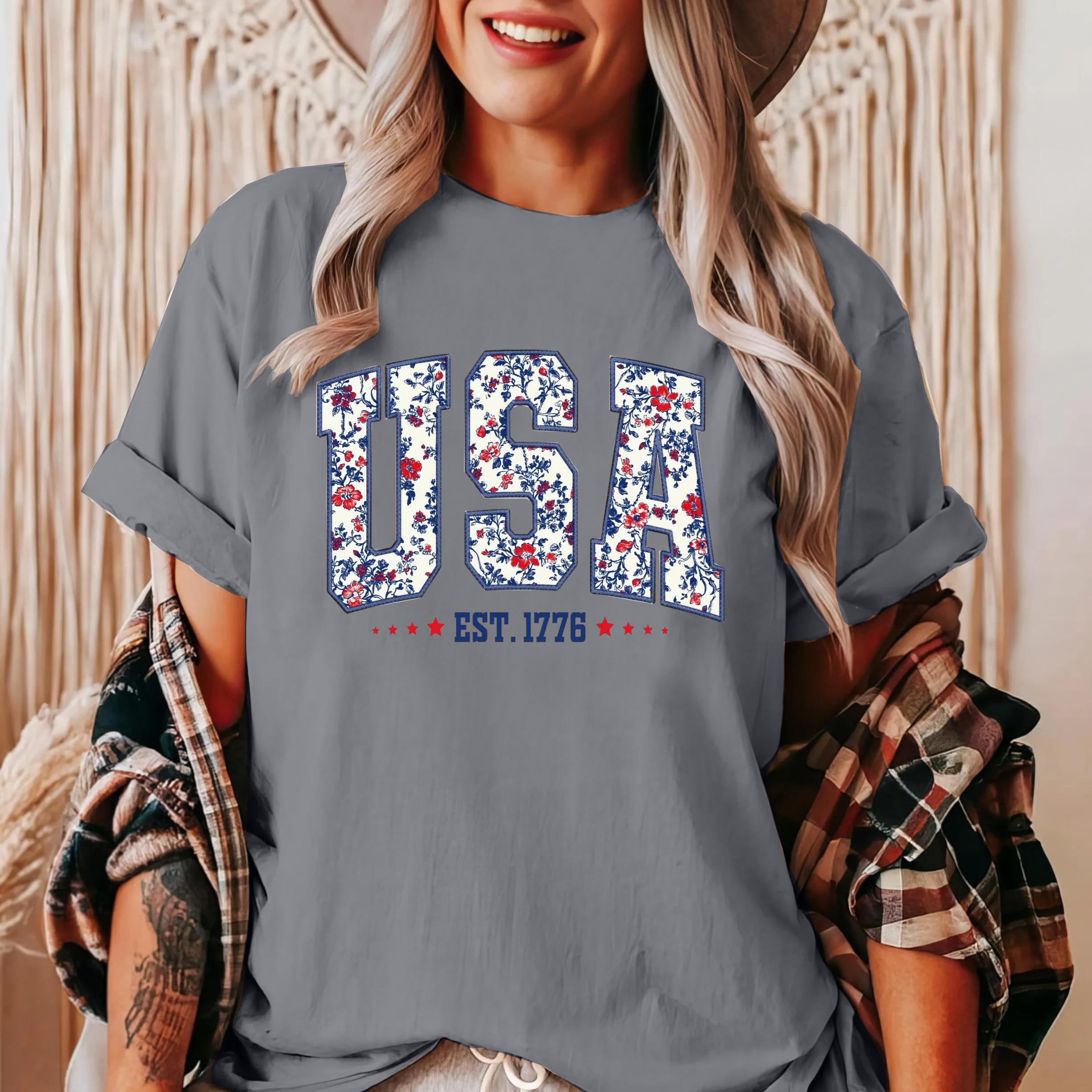 Women's Patriotic Floral USA Graphic Tee, Independence Day Shirt