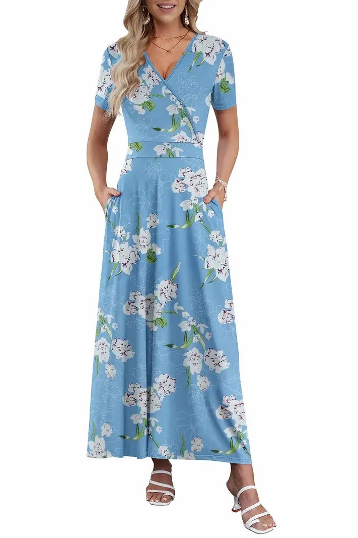 Women's V Neck Floral Print Beach Long Flowy Dress with Pockets