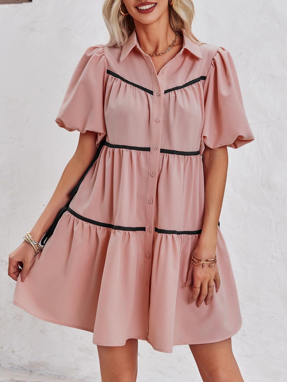 🔥Summer Contrasting Puff Short Sleeve Tiered Mini Dress (Buy 2 Free Shipping)