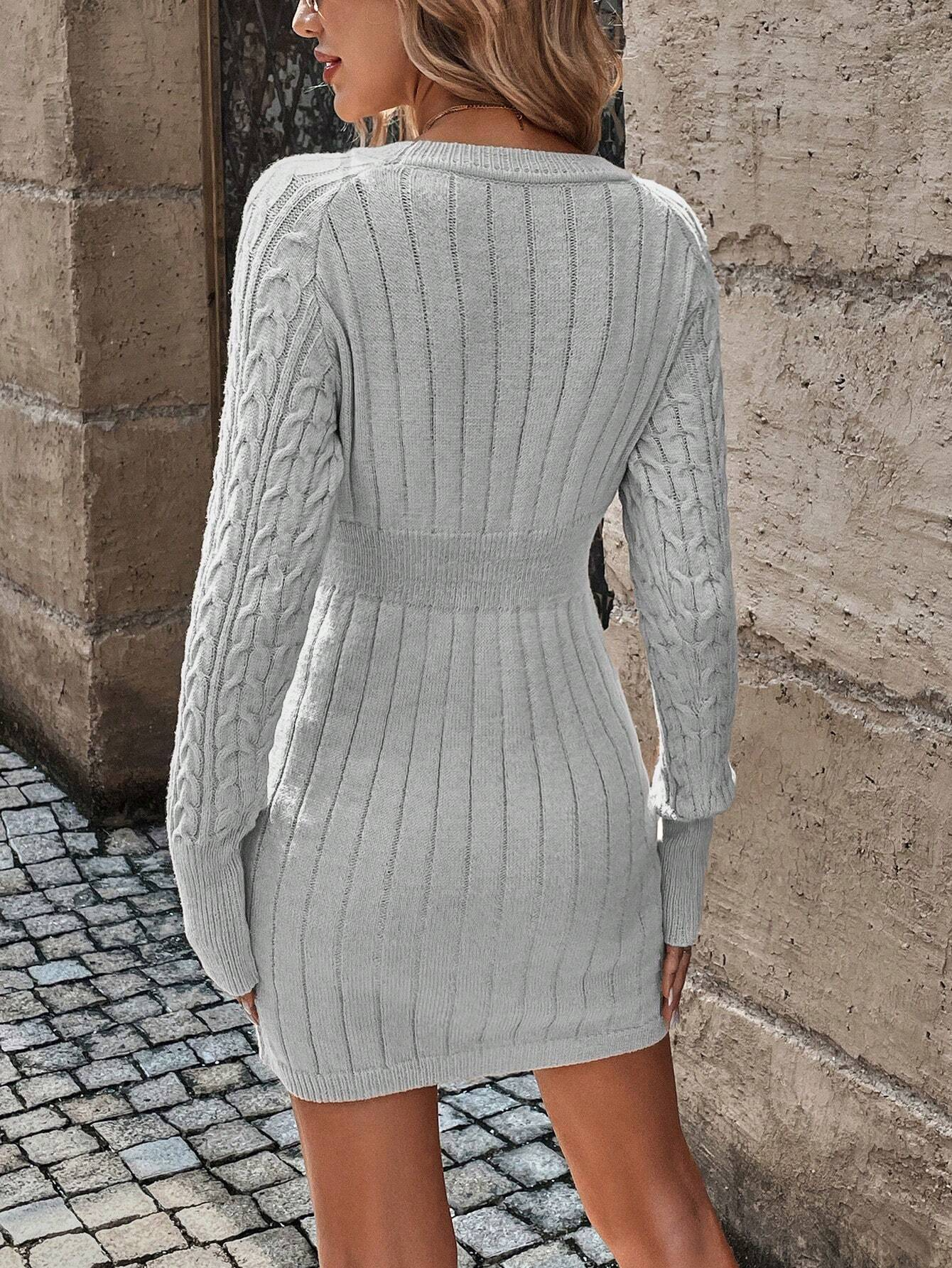 Women's Cable Long Sleeve Knit Sweater Dress 
