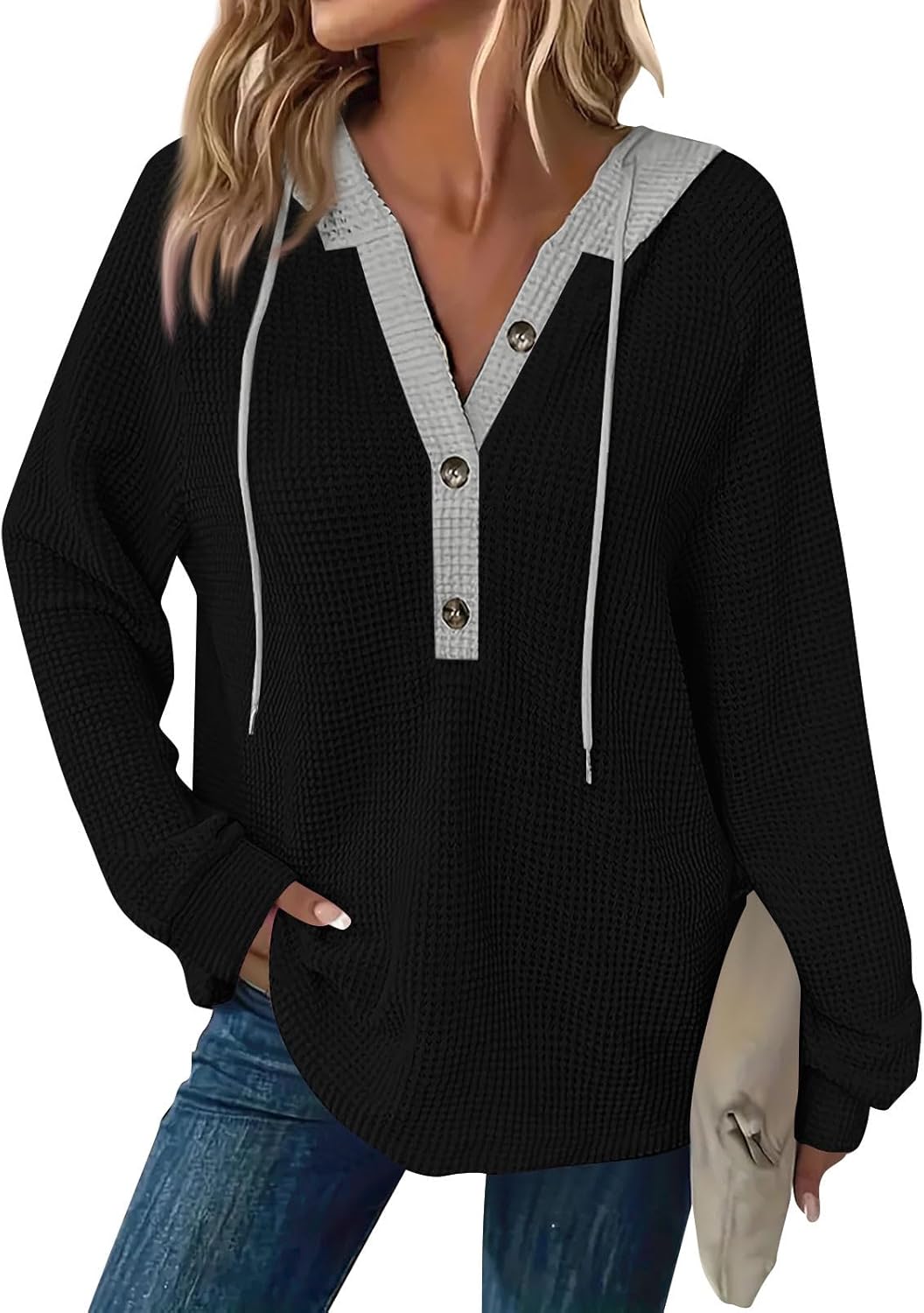 Women's Waffle Knit Drawstring Button Long Sleeve Hoodie