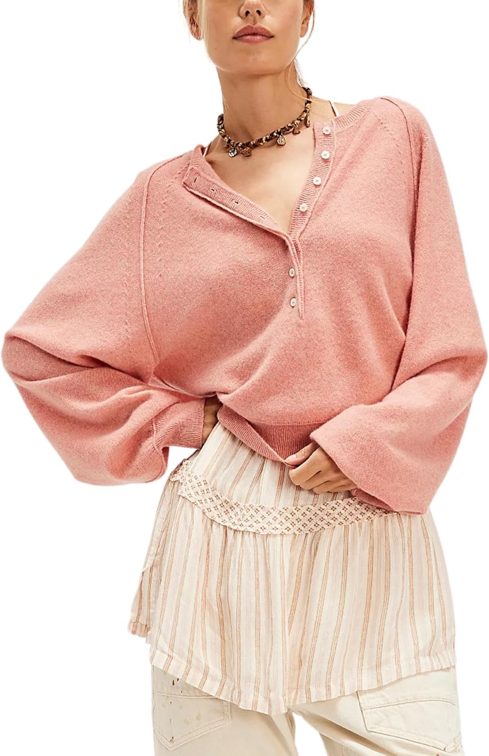 Women's Casual Henley Neck Long Sleeve Knit Button Sweater