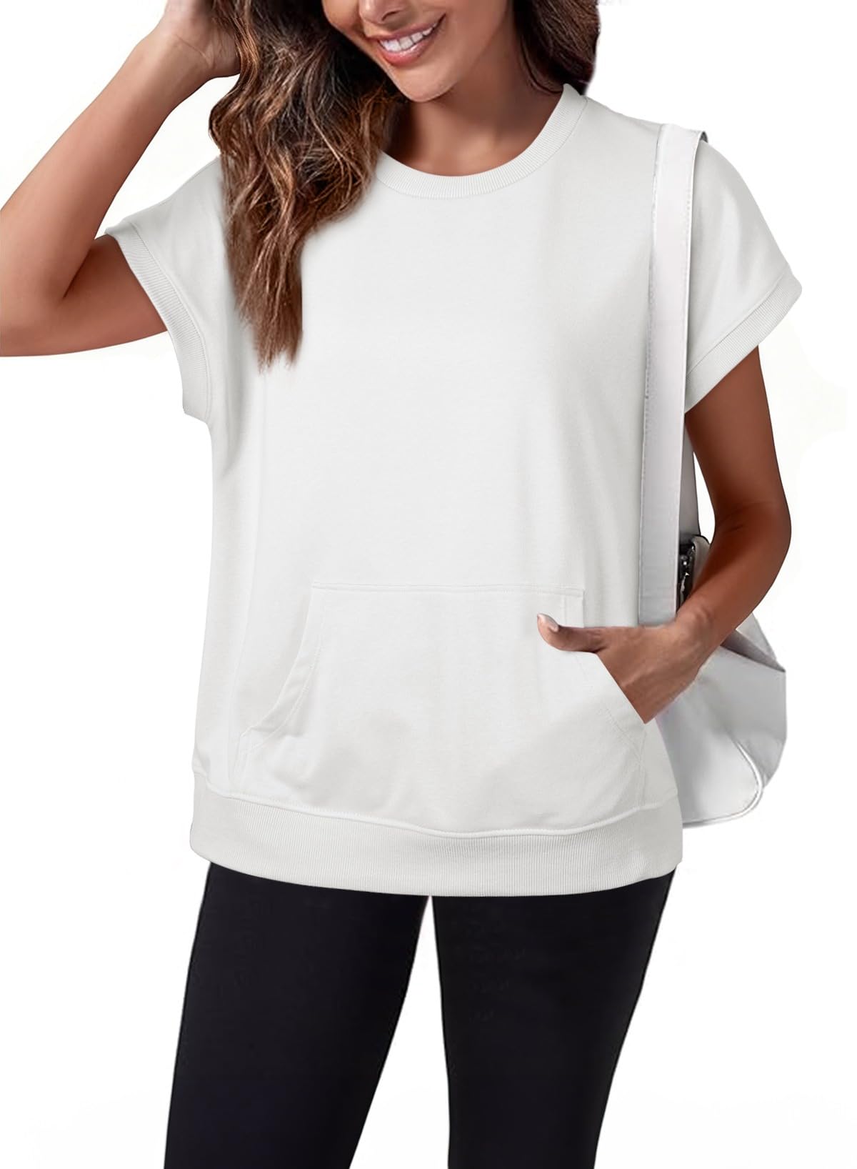 Women's Casual Round Neck Loose Fit Top with Kangaroo Pocket