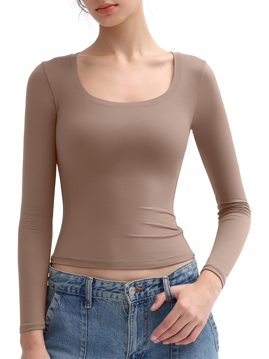 Women's Scoop Neck Slim Fit Long Sleeve Tops Double Lined Basic Tee