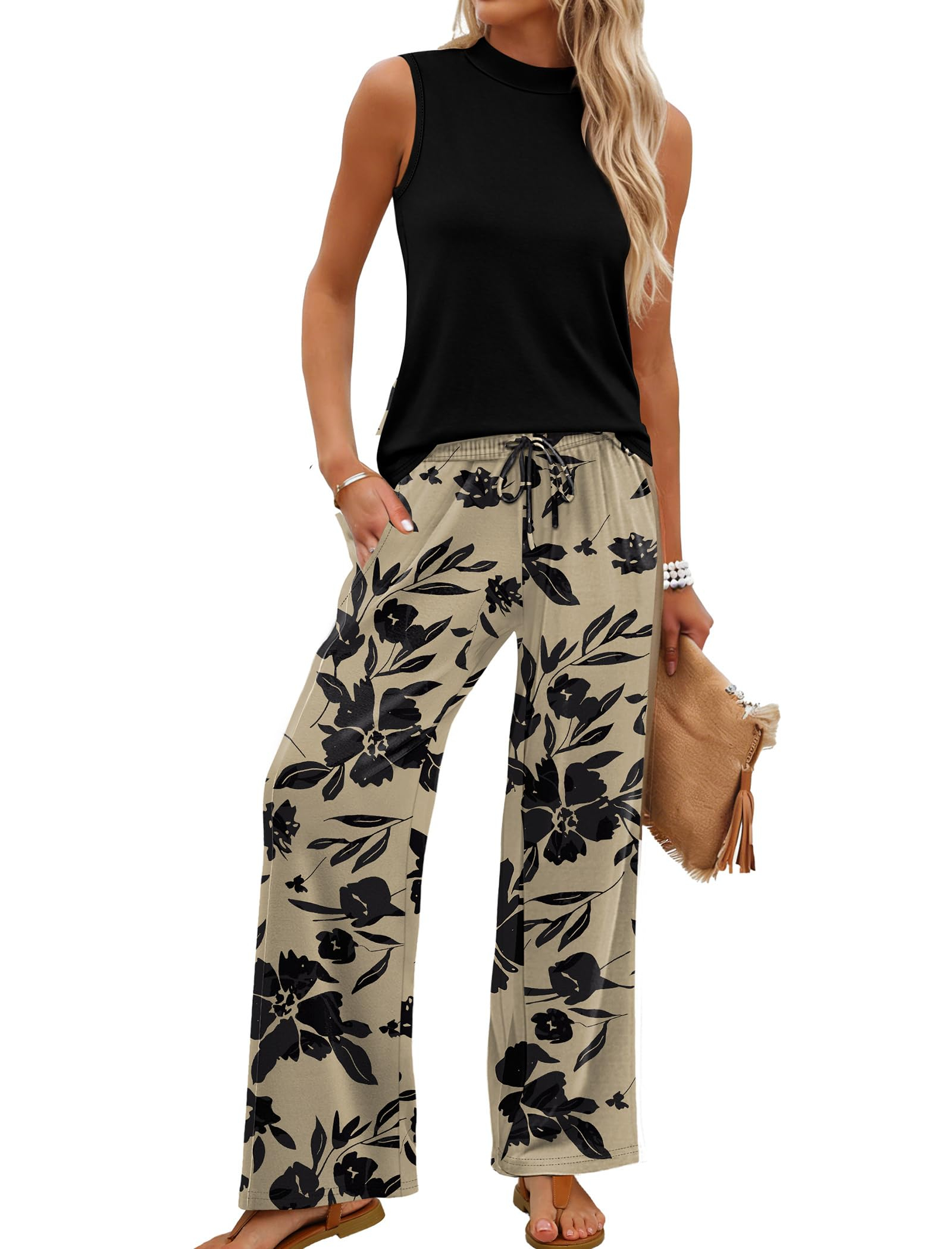 Women Summer Spring Outfits Mock Neck Wide Leg Pants Two Piece Set