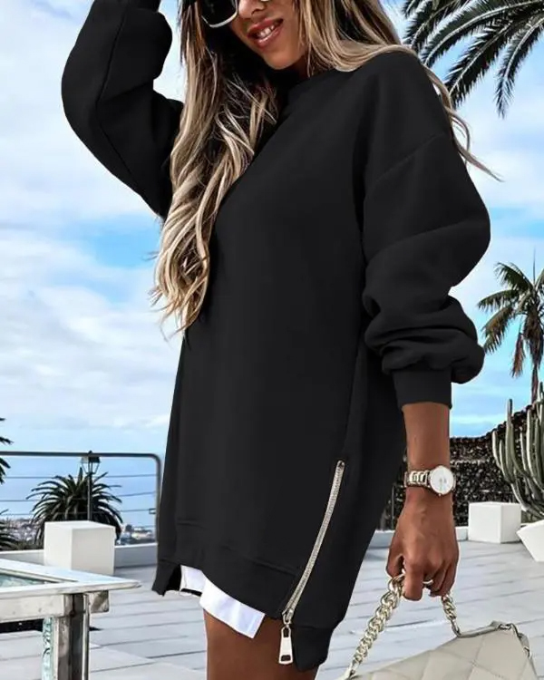 Womens Long Sleeve Pullover Sweatshirt Zipper Slit Casual Dress