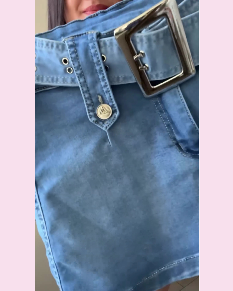 High Waisted Mini Slim Fit Denim Skirt With Shorts Underneath