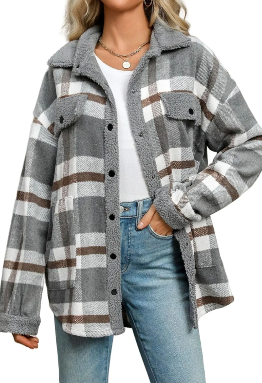 ⏰Hot Sale-Women's Fleece Flannel Button Down Plaid Shacket Jacket(BUY 2 FREE SHIPPING)