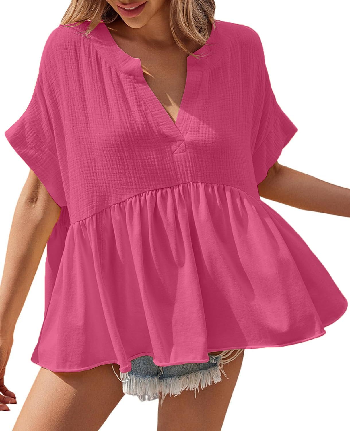 Womens V Neck Short Sleeve Pleated Flowy Shirts Peplum Blouse