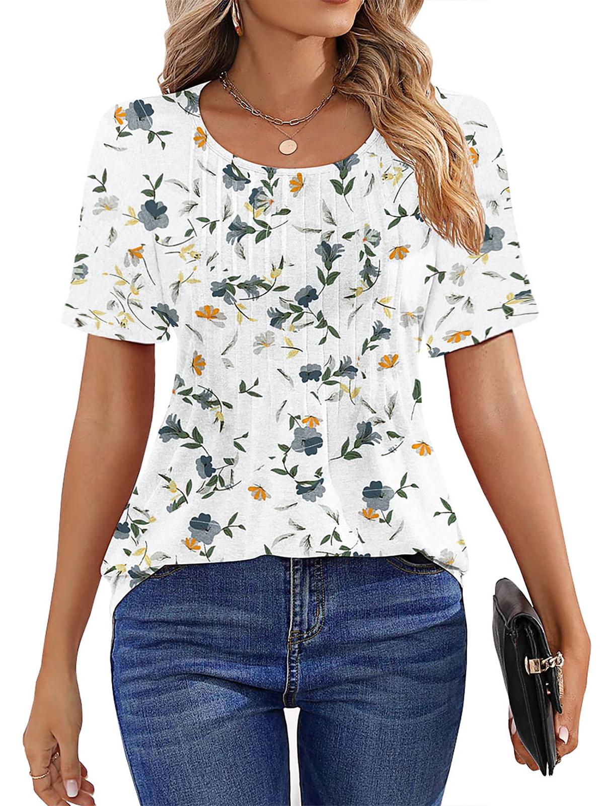 Women Summer Pleated Short Sleeve Tunic Blouses Shirts