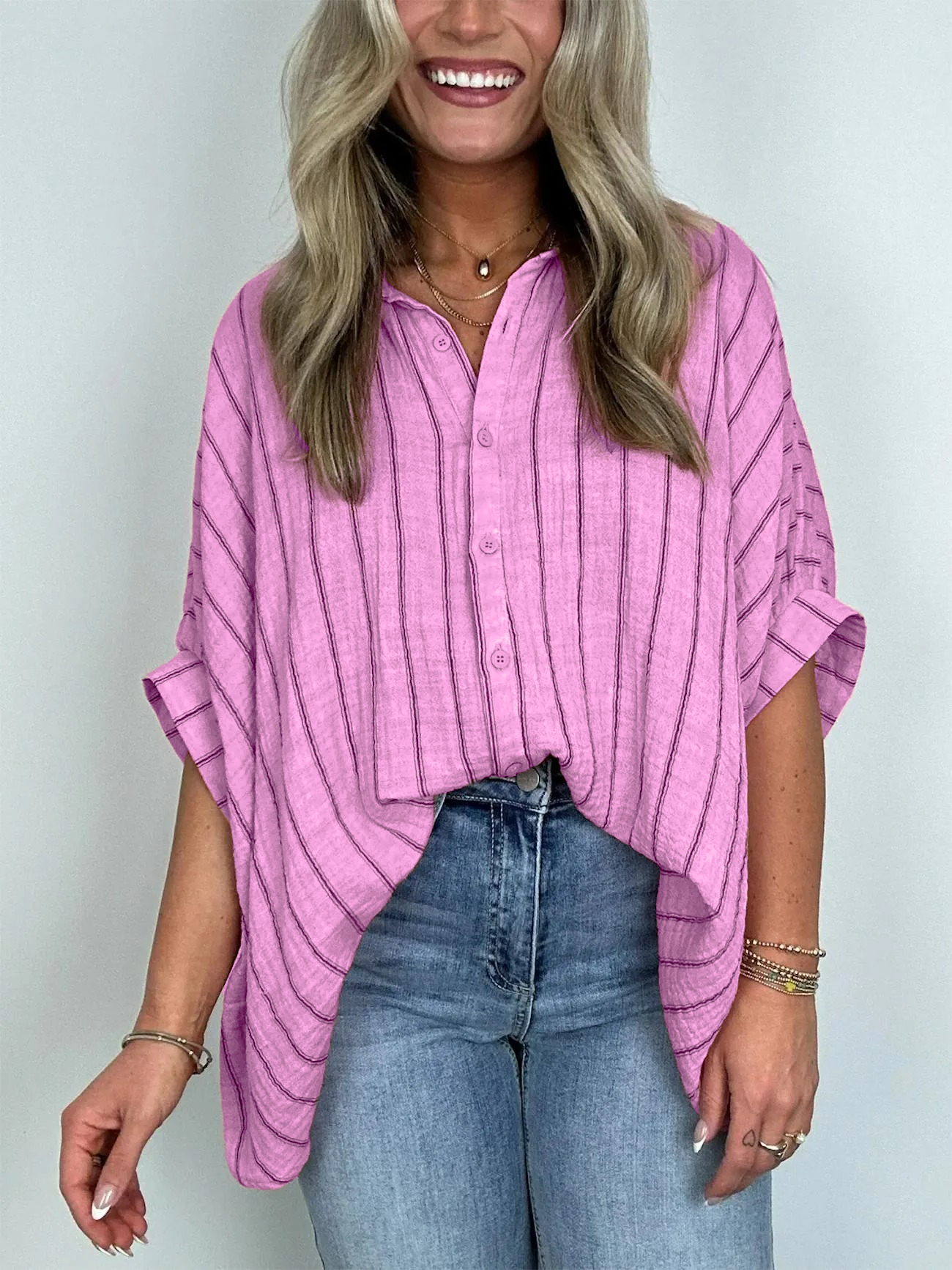 2024 Popular Oversized Striped Button Down Top Shirt jacket(50% OFF🔥)