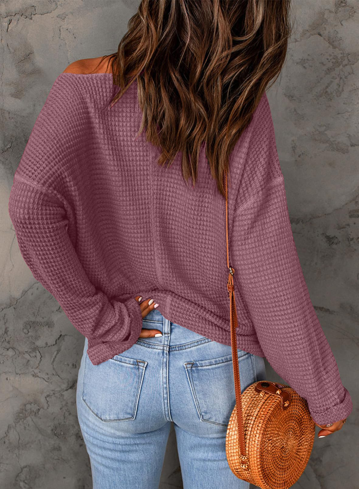 Casual Notched Neck Drop Shoulder Waffle Knit Top
