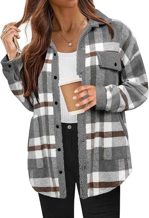 ⏰Hot Sale-Women's Fleece Flannel Button Down Plaid Shacket Jacket(BUY 2 FREE SHIPPING)
