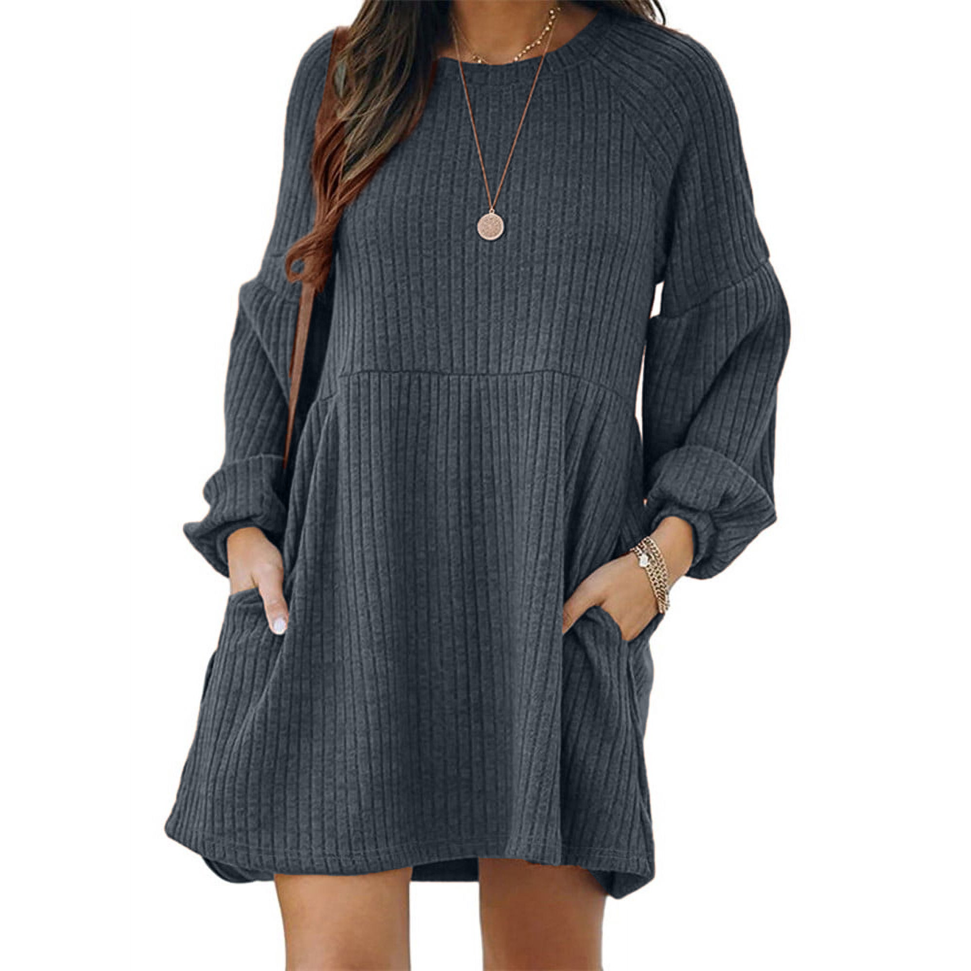 Minimalist Chic Plain Textured Ribbed Pocket Bishop Sleeve Crewneck Dress