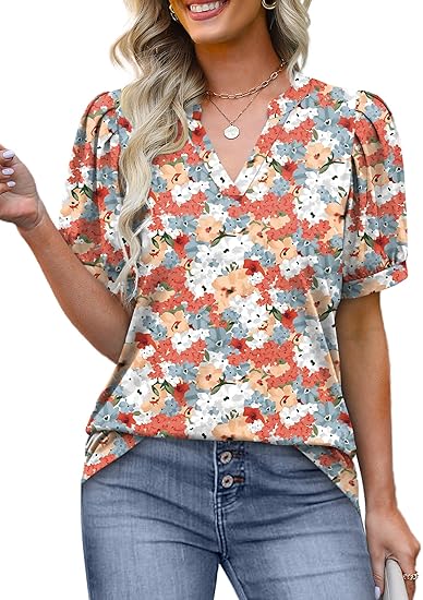 Women's V Neck Floral Print Vintage Shirt Fashion T-Shirt