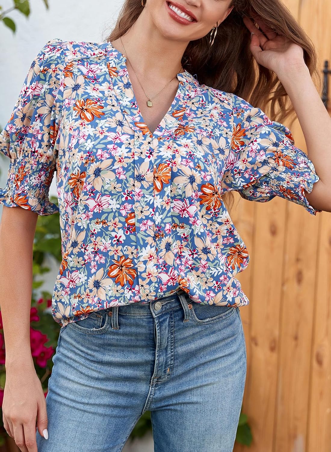 Floral V-Neck Puff Sleeve Blouse(buy 2 free shipping!!!)